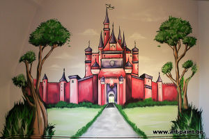 Exemple de Réalisation d’une fresque murale intérieure en trompe-l’œil pour une chambre d’enfant à Bruxelles.
