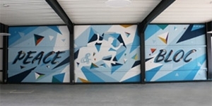 Peinture murale graphique et contemporaine dans une salle d'escalade à Marche-en-Famenne